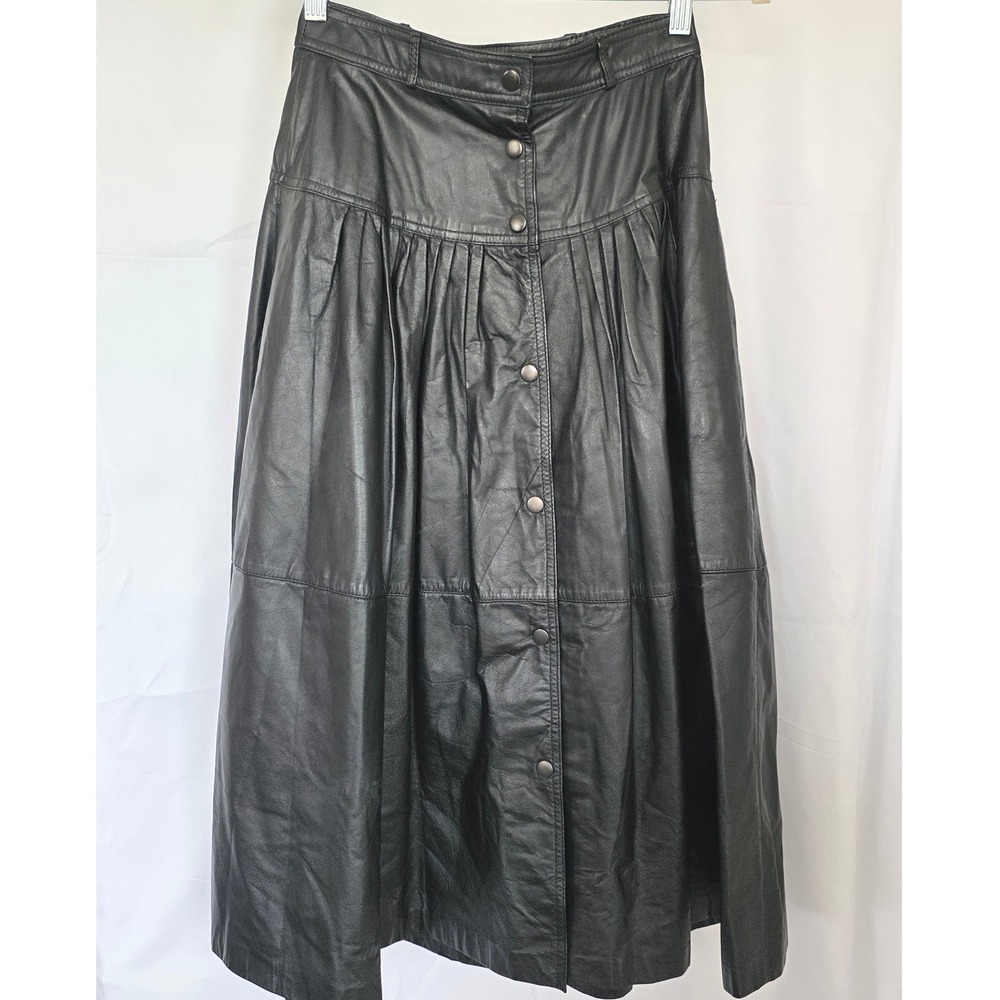 Vintage Genuine Leather Snap Front Pleated Midi Skirt Black Pockets 8 Steampunk